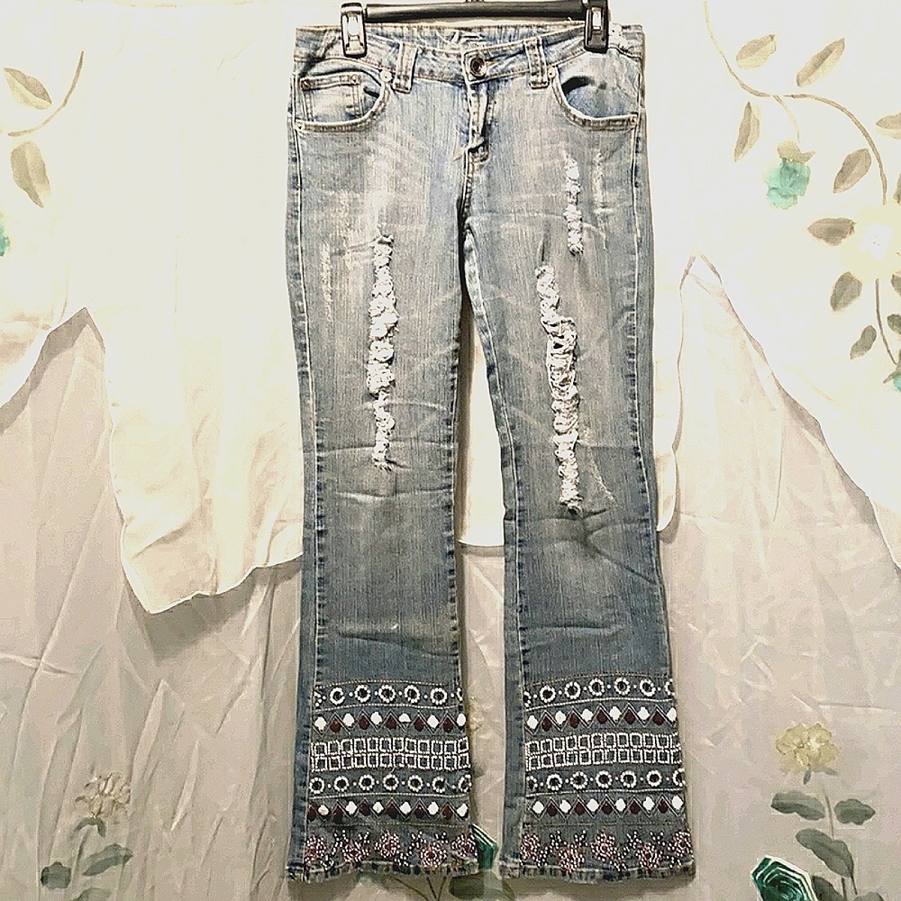 BAREFEET SHOES DENIM BEADED BLUE JEANS SZ 9